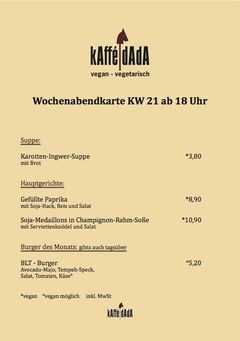 A menu of kAffé dAdA