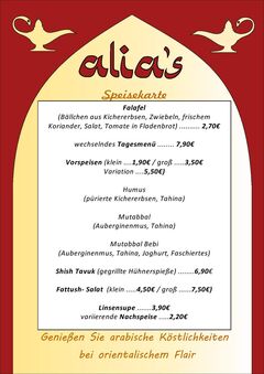 A menu of Alia's
