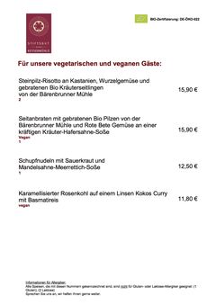 A menu of Stiftsgut Keysermühle
