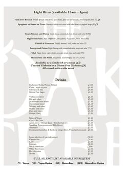 A menu of The OakTree