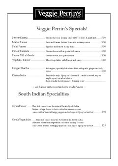 A menu of Veggie Perrin's