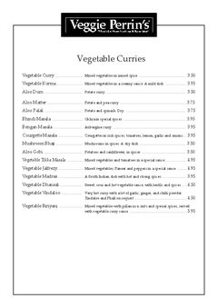 A menu of Veggie Perrin's