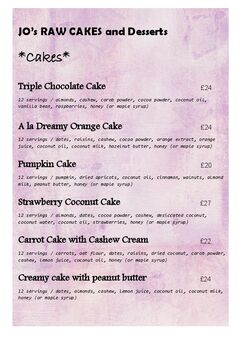 A menu of Jo's Raw Cakes and Desserts