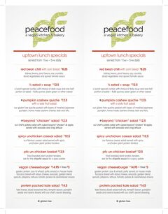 A menu of Peacefood, Amsterdam Avenue