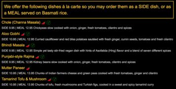 A menu of India Restaurant