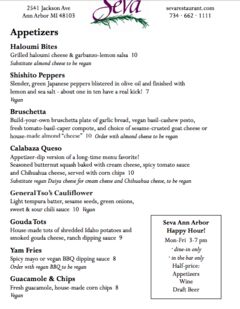 A menu of Seva, Ann Arbor