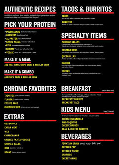 A menu of Chronic Tacos, Peoria Avenue
