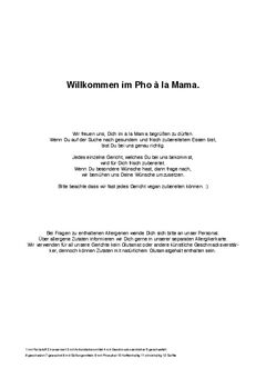 A menu of Pho à la Mama