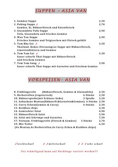 A menu of Asia Van - Restaurant