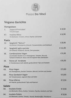 A menu of Piazza Da Vinci
