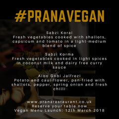 A menu of Prana Indian Restaurant