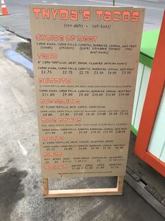 A menu of Thyda's Tacos