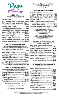 A menu of Peg's Glorified Ham N Eggs, South Reno