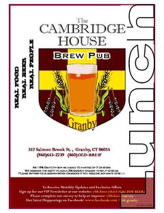 A menu of Cambridge House Brew Pub
