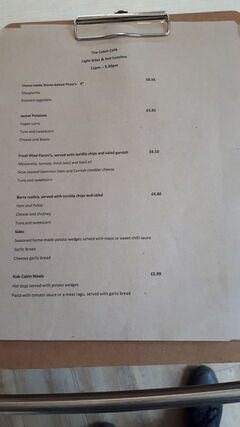A menu of The Cabin at St Nectan's Glen