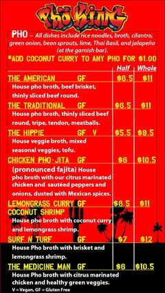 A menu of Pho King Kitchen and Food Truck