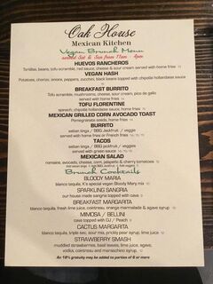A menu of Oak House Mexican Kitchen