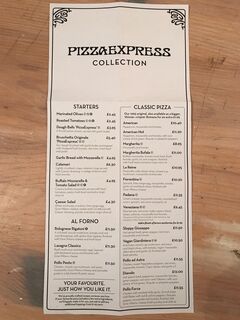 A menu of Pizza Express