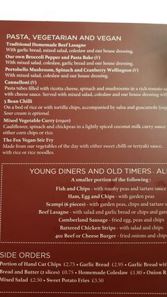 A menu of Fox and Pheasant Inn