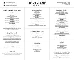 A menu of North End Juice Co.