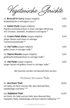 A menu of RajMahal, Louisenstraße