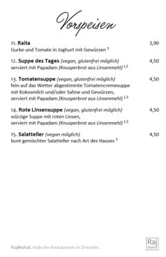 A menu of RajMahal, Louisenstraße