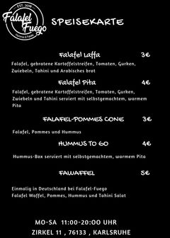 A menu of Falafel Fuego