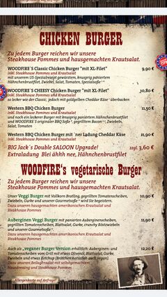 A menu of Woodfire Western Saloon
