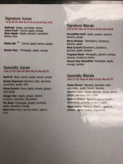 A menu of The Juice Bar