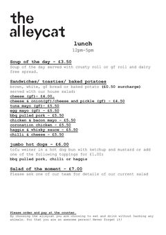 A menu of The Alleycat