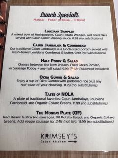 A menu of Krimsey's Cajun Kitchen