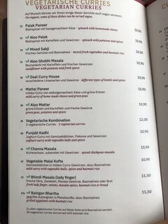 A menu of Indian Curry House, Frankfurt-Niederrad
