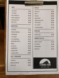 A menu of Twin Fin