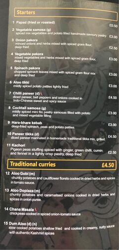 A menu of The Indian Place