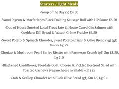 A menu of The Teesdale