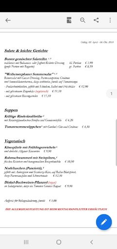 A menu of Bräustüberl Weihenstephan