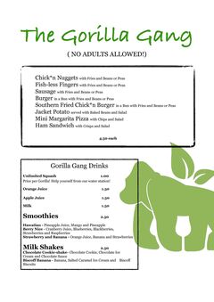 A menu of The Eating Gorilla