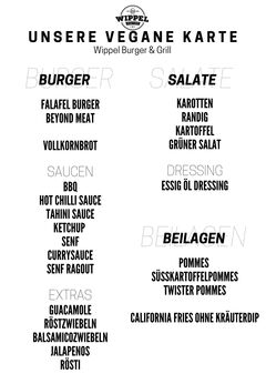 A menu of Wippel Burger & Grill