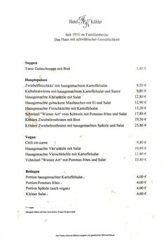 A menu of Restaurant Köhlerstüble