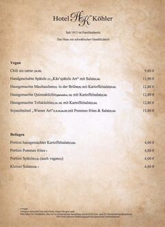 A menu of Restaurant Köhlerstüble
