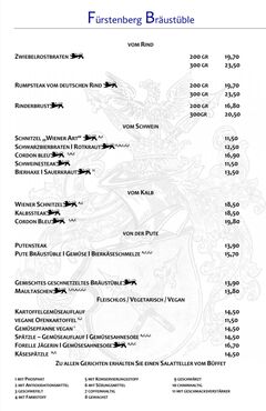 A menu of Fürstenberg Bräustüble