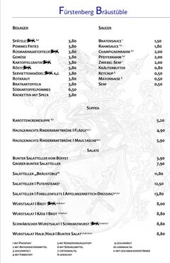 A menu of Fürstenberg Bräustüble
