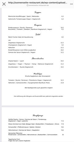 A menu of Sonnenseite