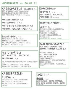 A menu of Julis Spätzlerei