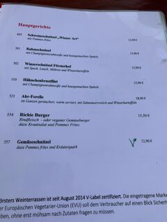 A menu of Försters Weinterrassen