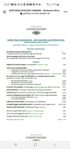 A menu of Gasthaus Schloss Tandern