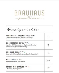 A menu of Brauhaus zum Kaiser